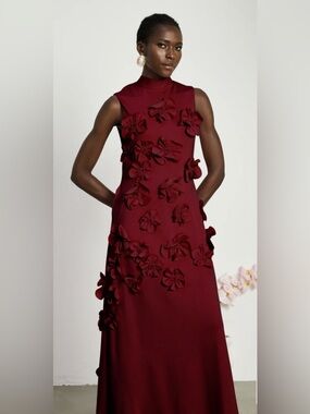 Ryanth Burgundy 3D Floral Maxi Dress Size 12 Sleeveless Formal Evening NWT